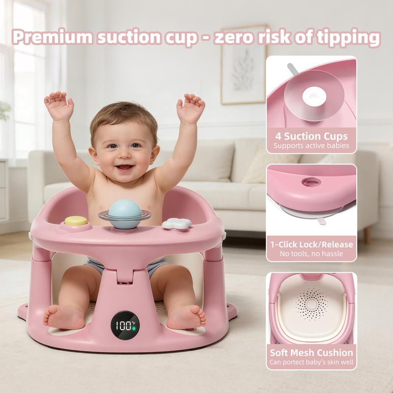 Toddler Chair with 3 Bath Toys Real-Time Thermometer Suction Cups Soft Cushion for Infant Bathtubs Playful Safety Essentials