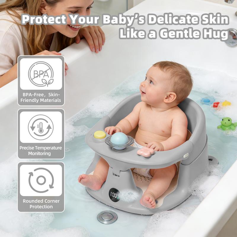 Toddler Chair with 3 Bath Toys Real-Time Thermometer Suction Cups Soft Cushion for Infant Bathtubs Playful Safety Essentials