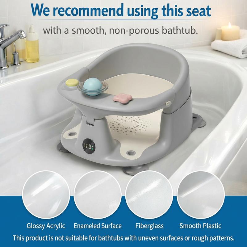 Toddler Chair with 3 Bath Toys Real-Time Thermometer Suction Cups Soft Cushion for Infant Bathtubs Playful Safety Essentials